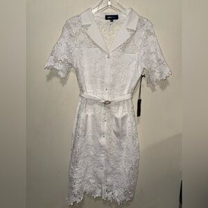 Alice Blue White Floral Lace Shirt Dress with Belt